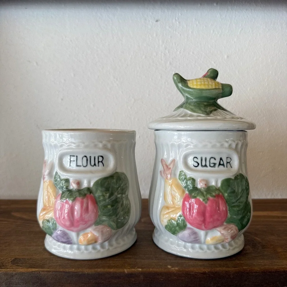 Ceramic Flour Sugar Canister Set Vegetable Kitchen Decor Grandmacore Missing Lid
